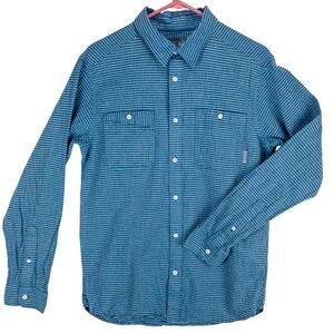 Mountain Hardwear Seersucker Shirt Men's Medium Button-Up Blue Black Stripe Logo